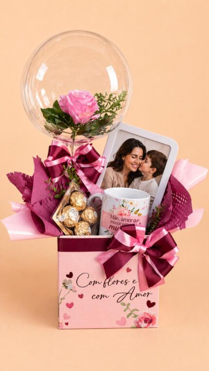 Cesta de Chocolate e Balão com Rosa